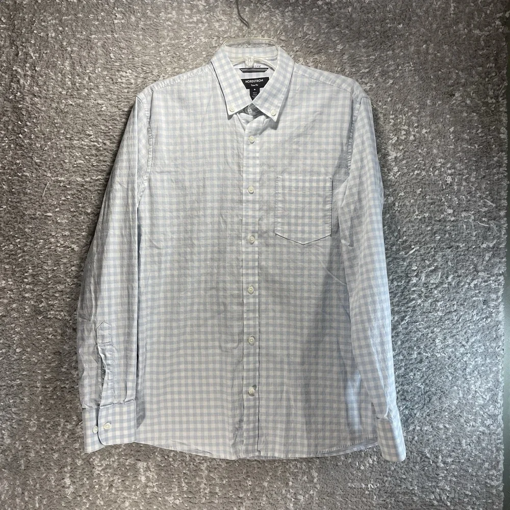 Nordstrom Trim Fit Blue Plaid Long Sleeve Button Linen Cotton Shirt M Preppy
